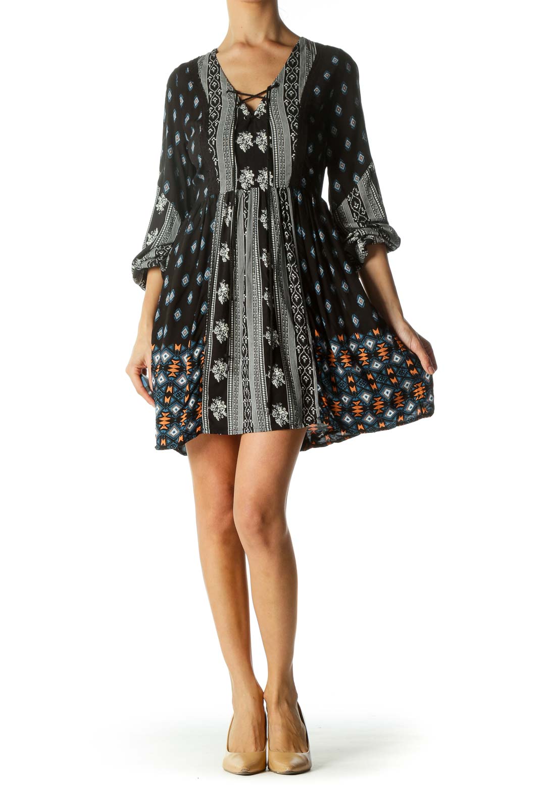 Black Printed Drawstring Day Dress