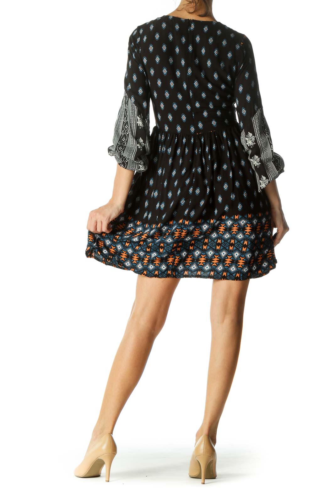 Black Printed Drawstring Day Dress