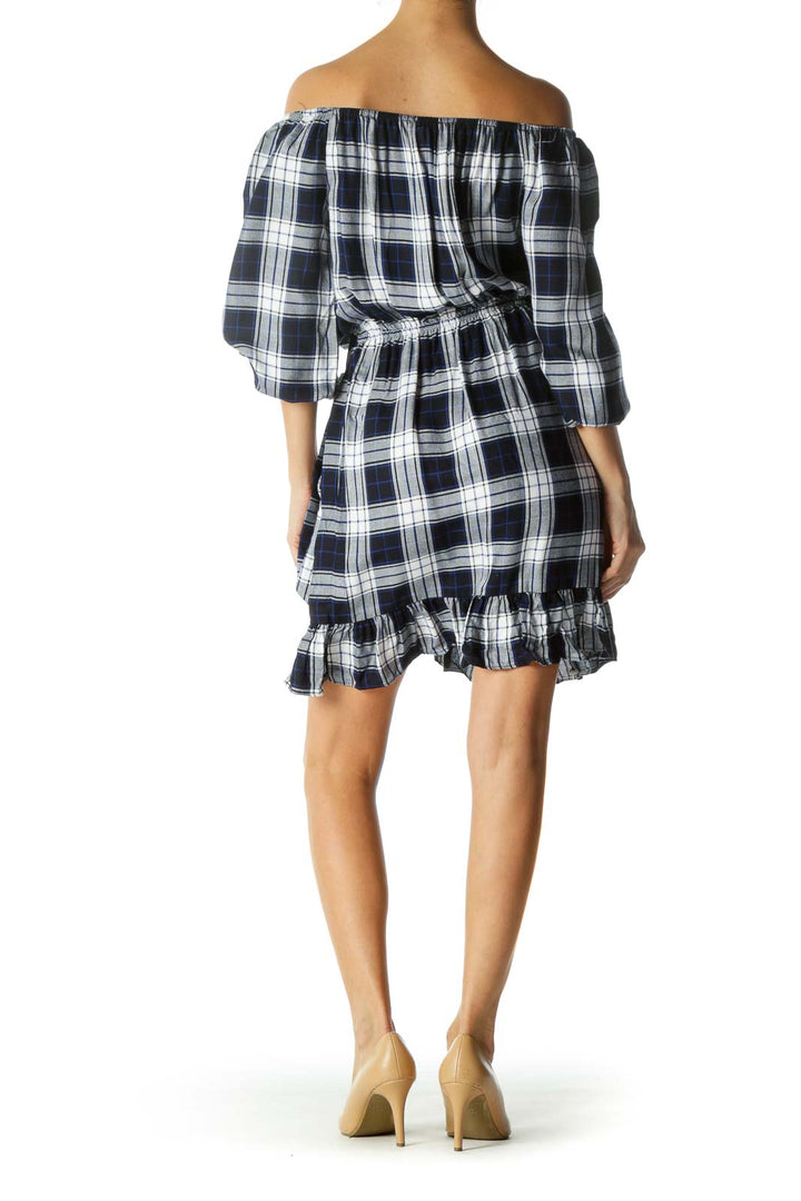 Blue white Plaid Off-Shoulder Wrap Dress