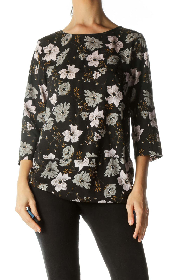 Black Gray Pink Floral Print Long Sleeve Top