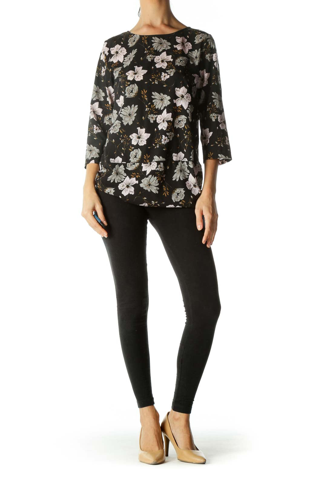 Black Gray Pink Floral Print Long Sleeve Top