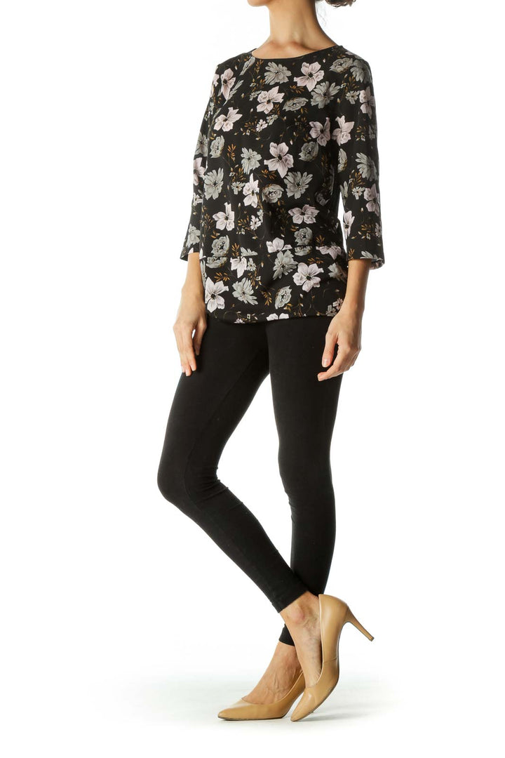 Black Gray Pink Floral Print Long Sleeve Top