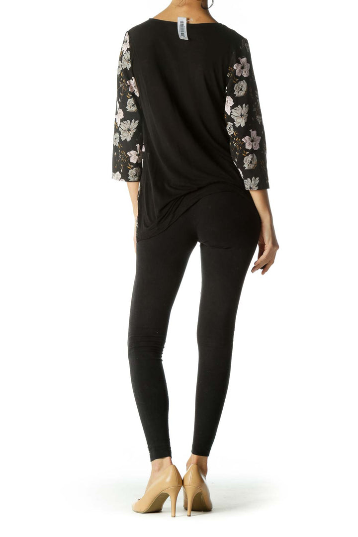 Black Gray Pink Floral Print Long Sleeve Top