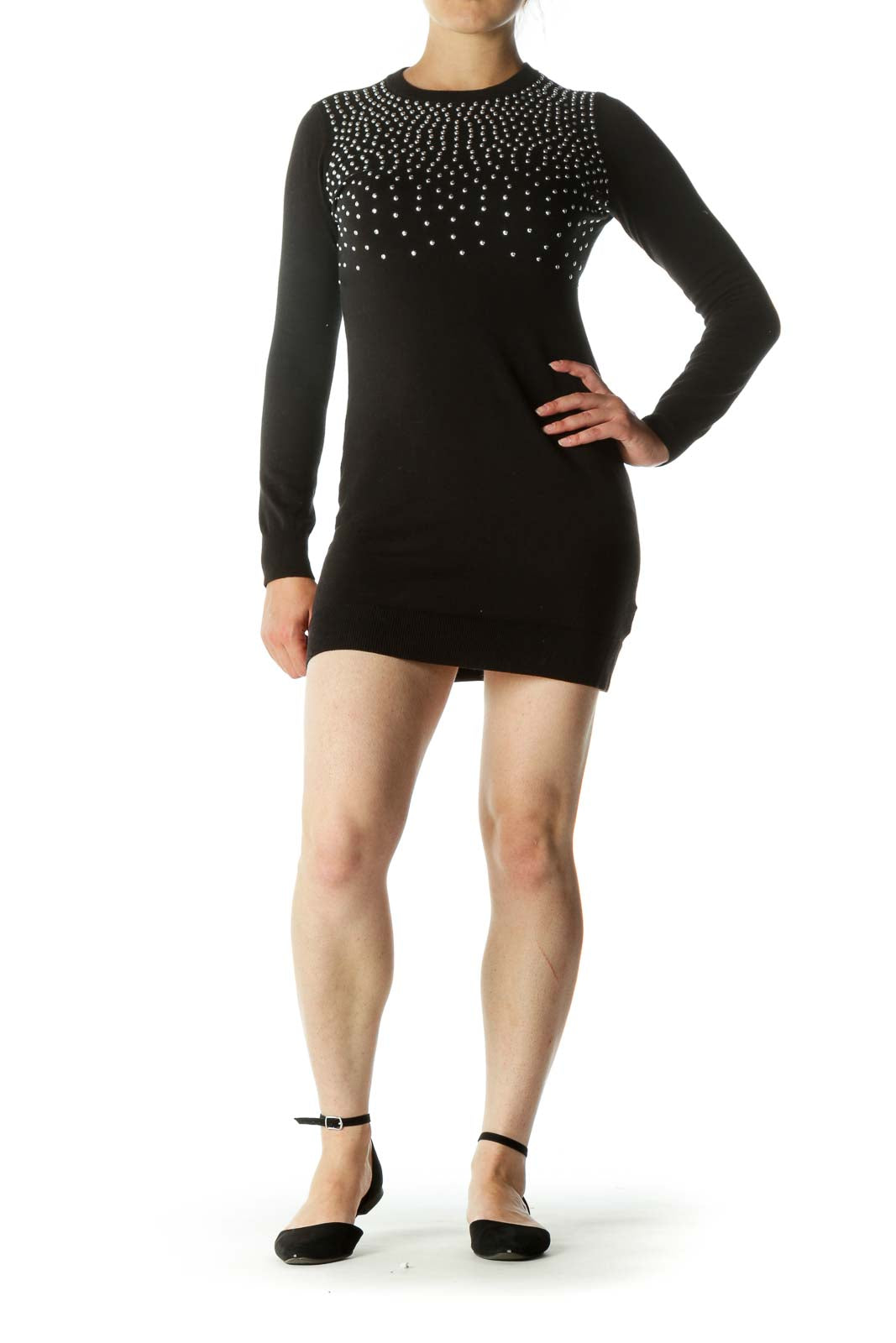 Black Studded Round Neck Knit Dress