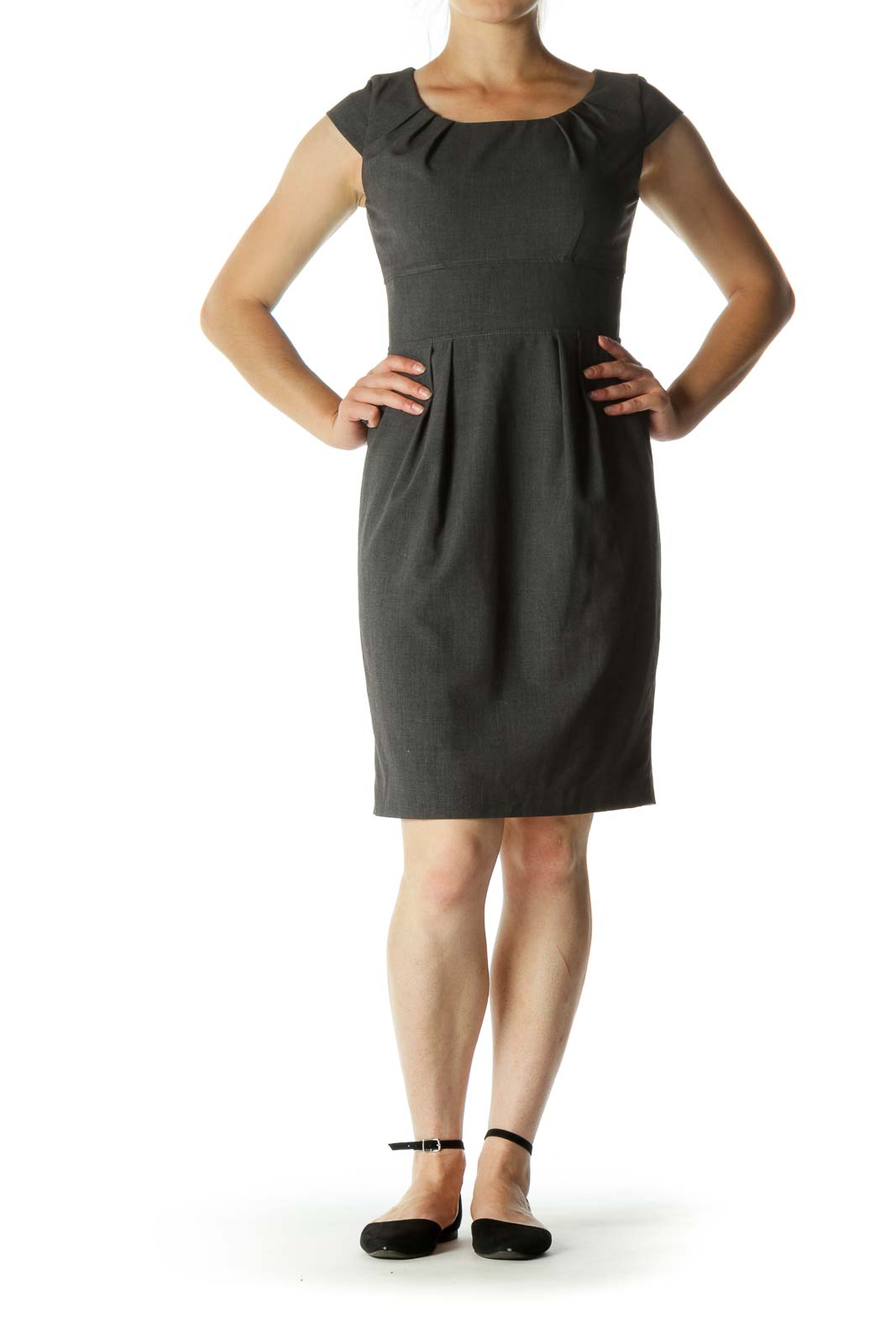 Gray Pleated Mid-Length Work Dress