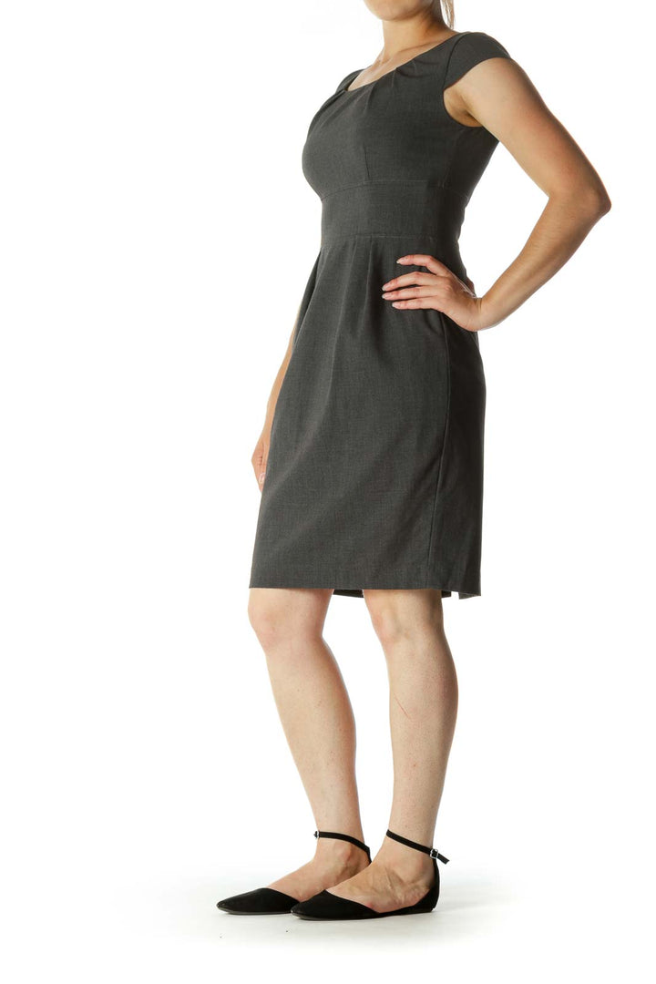 Gray Pleated Mid-Length Work Dress