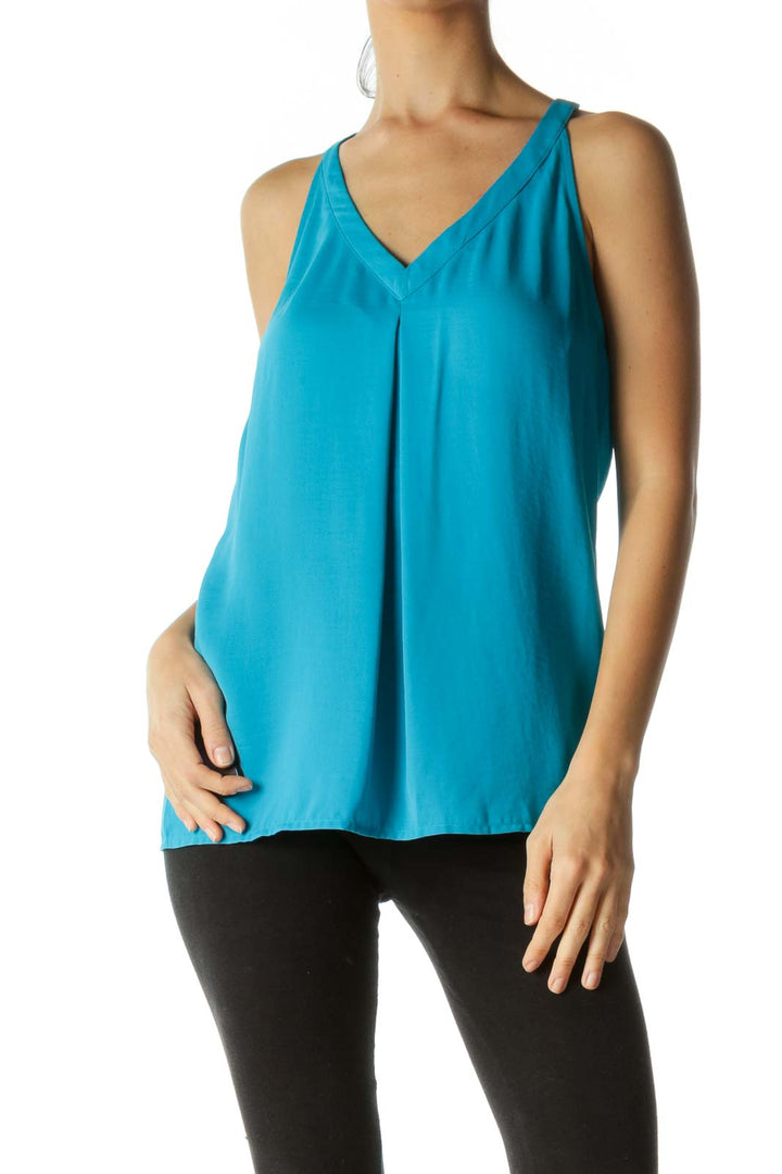 Blue V-Neck Flared Top