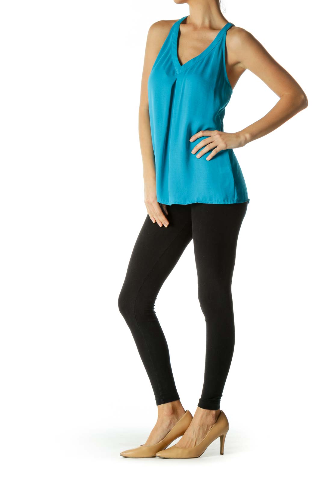 Blue V-Neck Flared Top