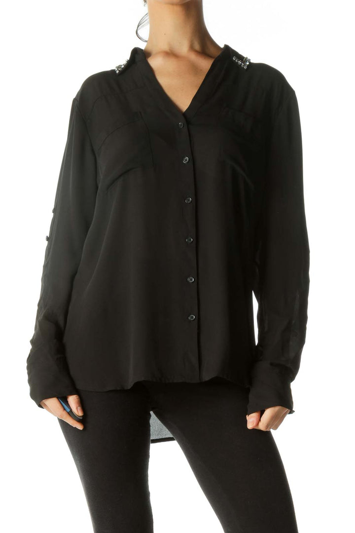 Black Bejeweled Collar Pocketed Shirt