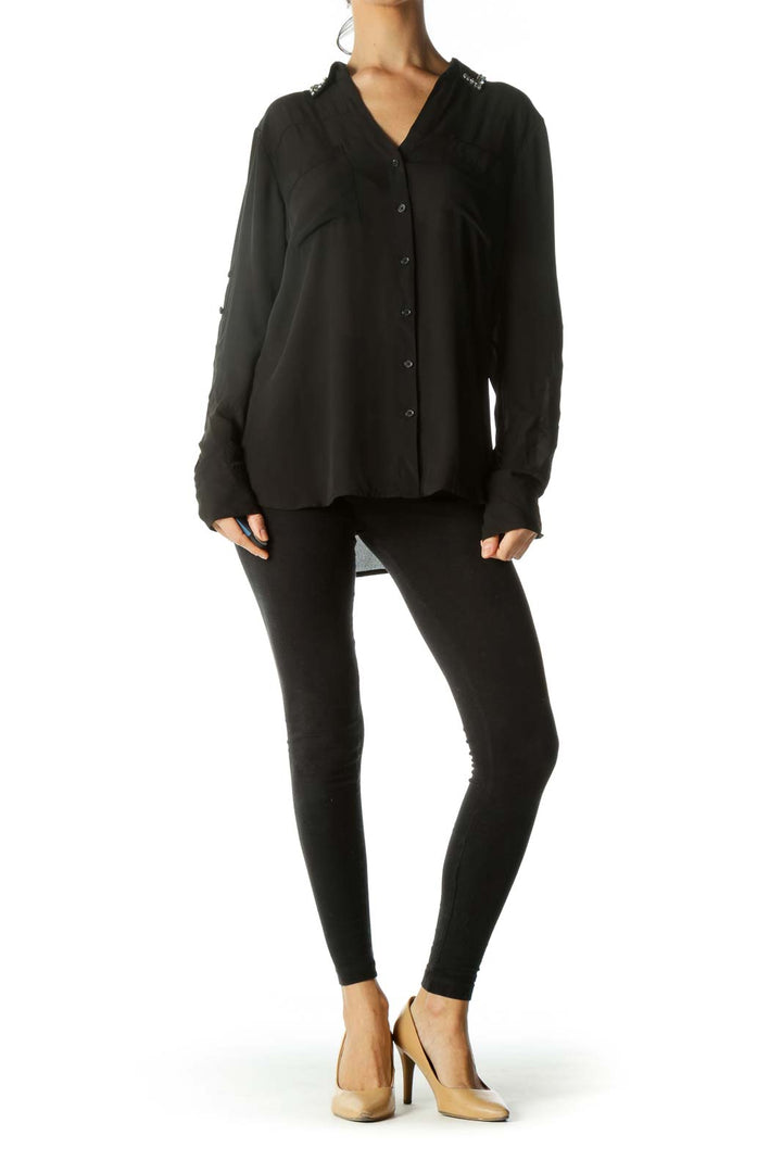 Black Bejeweled Collar Pocketed Shirt