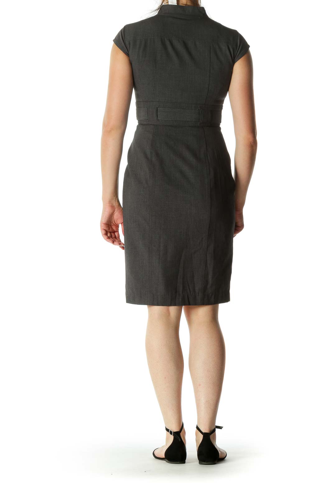 Gray Button-Down Slim Midi Work Dress