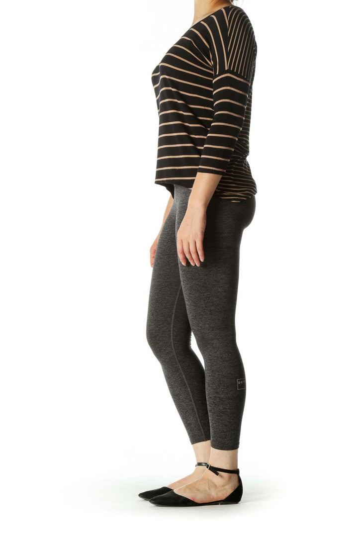 Black Beige Striped Soft Round Neck Long Sleeve Top