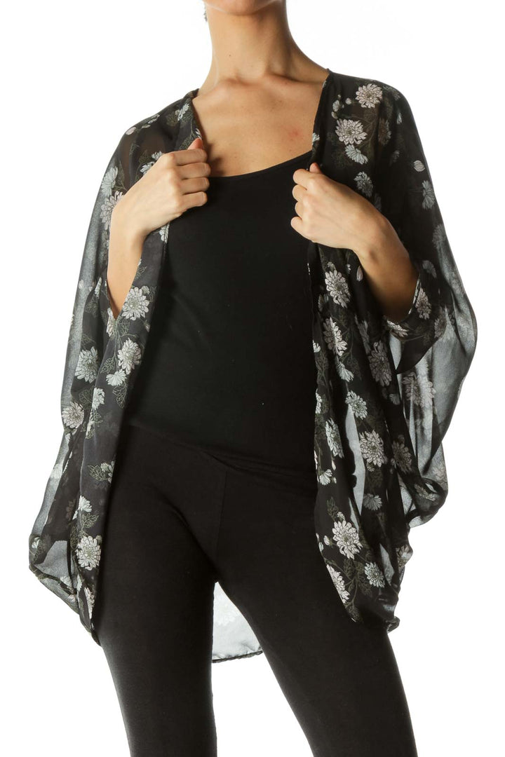 Black White Floral Print Kimono