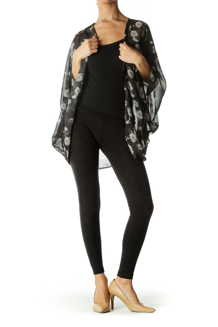 Black White Floral Print Kimono