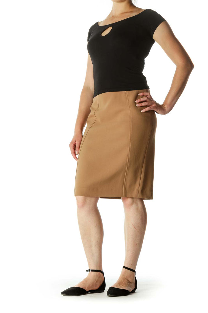 Beige Soft Texture Cinched Waist Slit Pencil Skirt