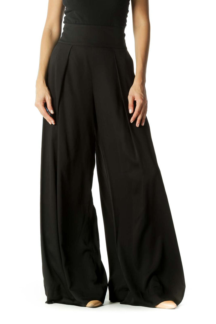 Black Cinched Waist Pleated Wide-Leg Draped Pants