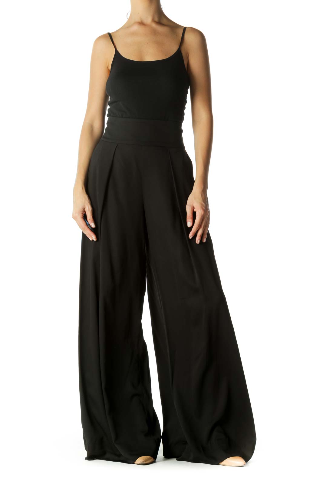 Black Cinched Waist Pleated Wide-Leg Draped Pants