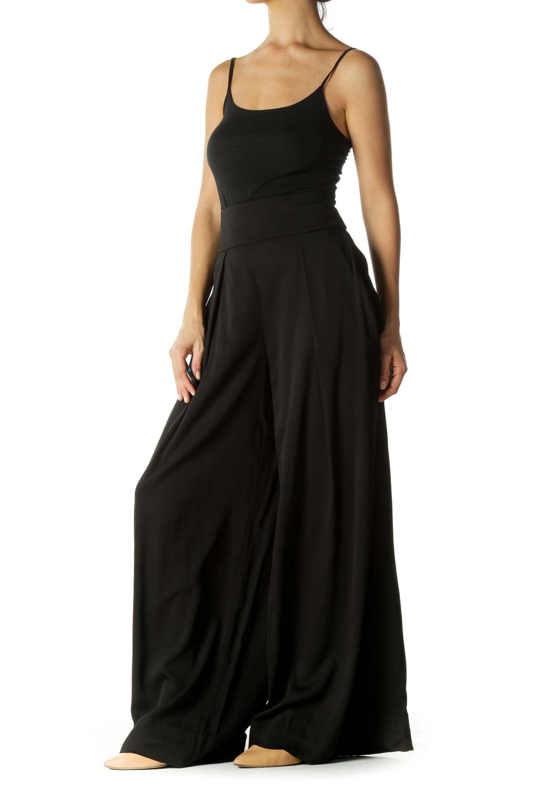 Black Cinched Waist Pleated Wide-Leg Draped Pants