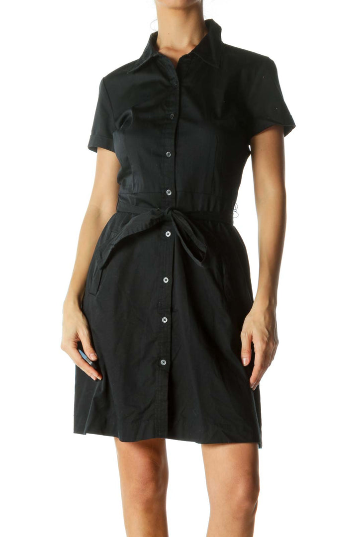 Black Button-Down Belted Day Dress