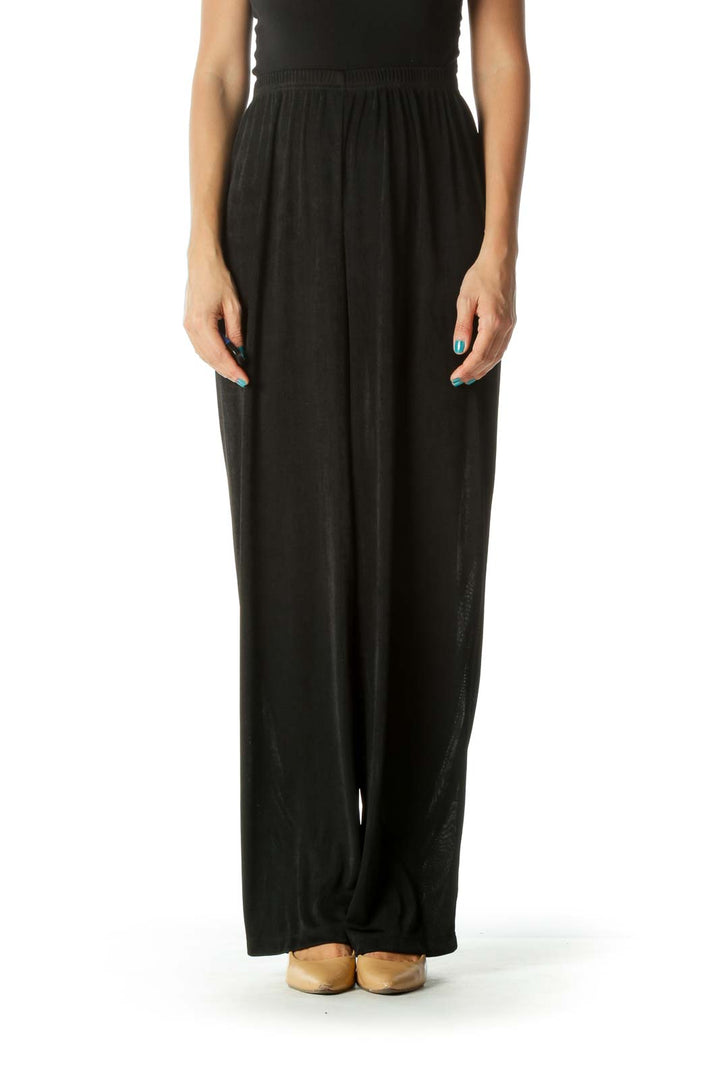 Black Textured Elastic Waist Draped Straight Leg Pants