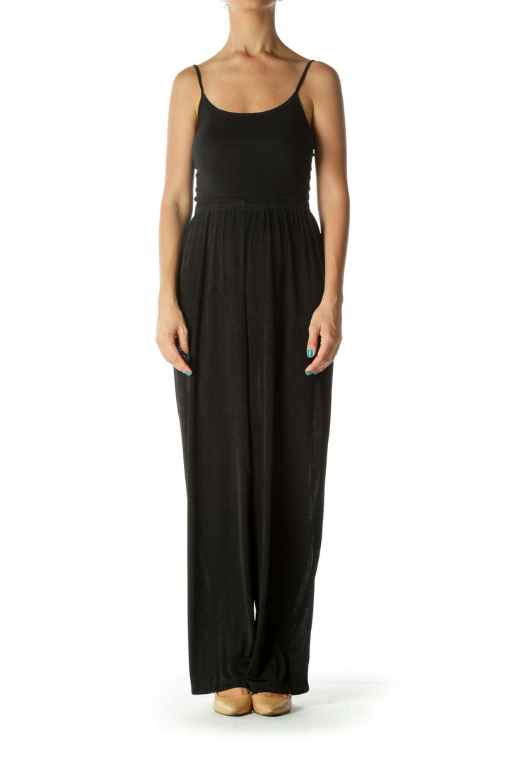 Black Textured Elastic Waist Draped Straight Leg Pants