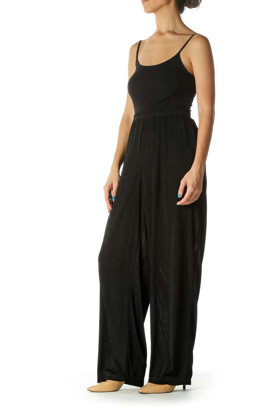 Black Textured Elastic Waist Draped Straight Leg Pants