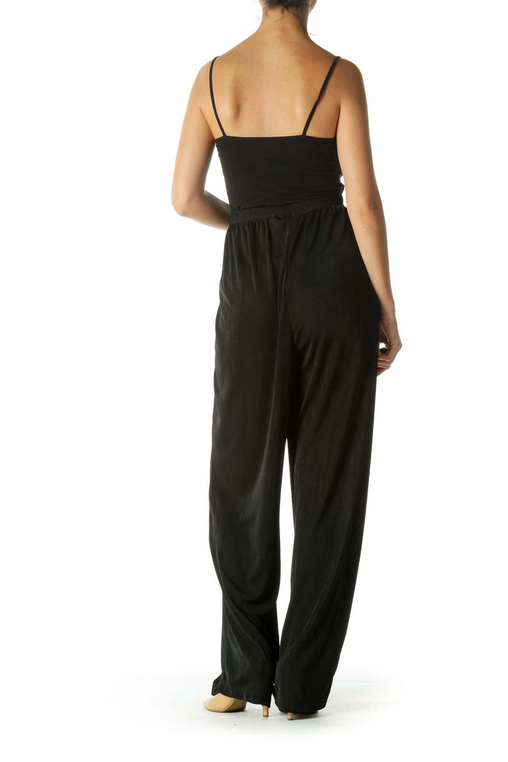 Black Textured Elastic Waist Draped Straight Leg Pants