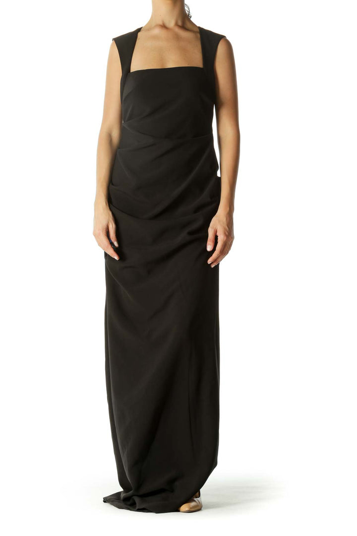 Black Square Neck With Open Back Ruched Slit Evening Dress