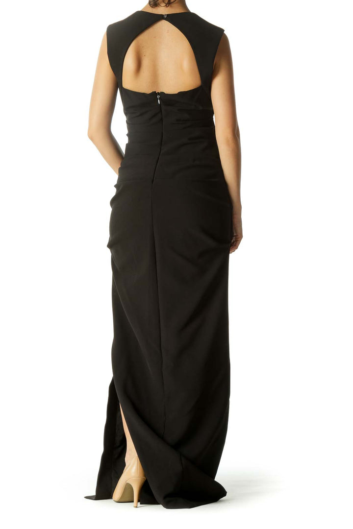 Black Square Neck With Open Back Ruched Slit Evening Dress