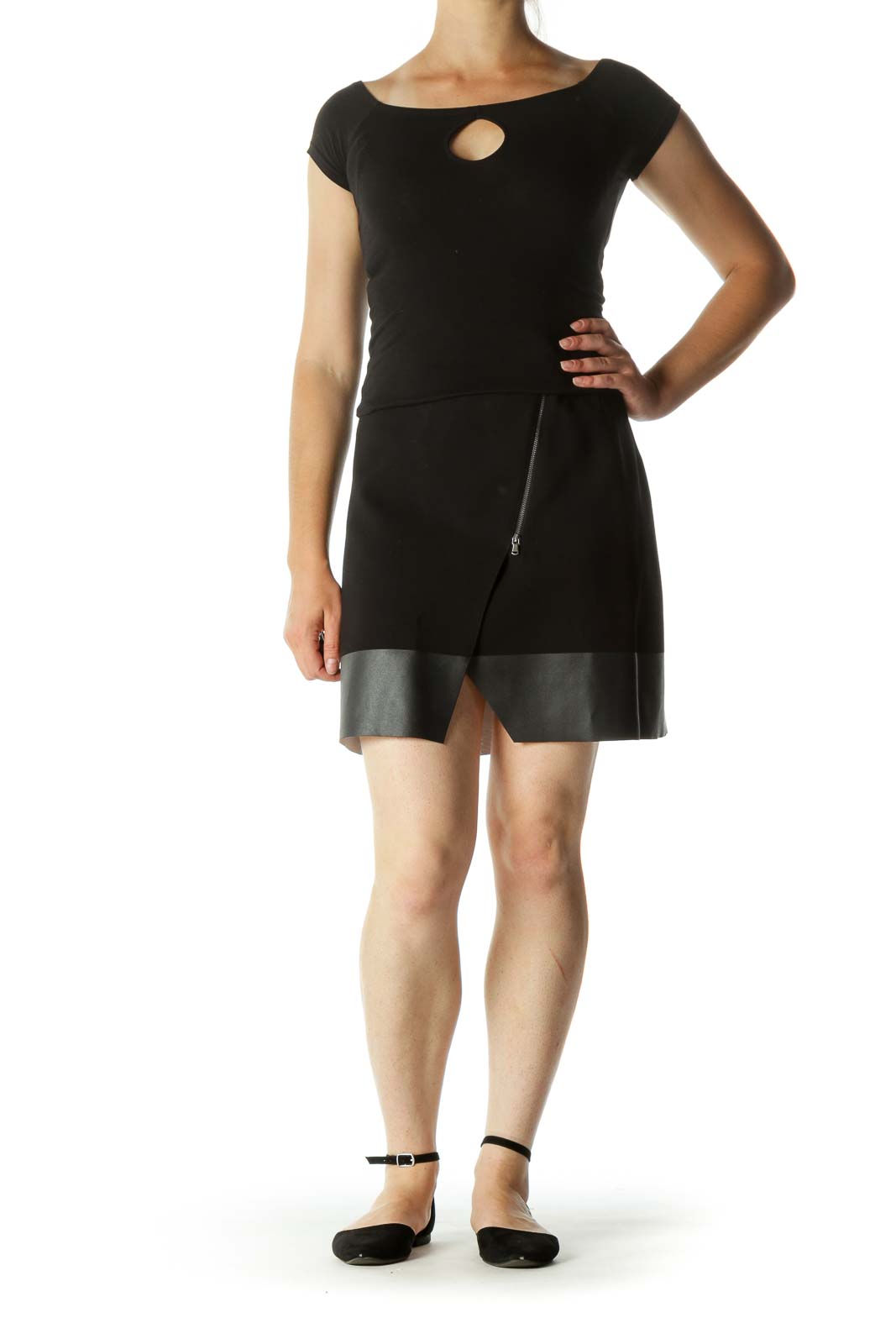 Black Mixed-Media Zippered Slit A-Line Skirt