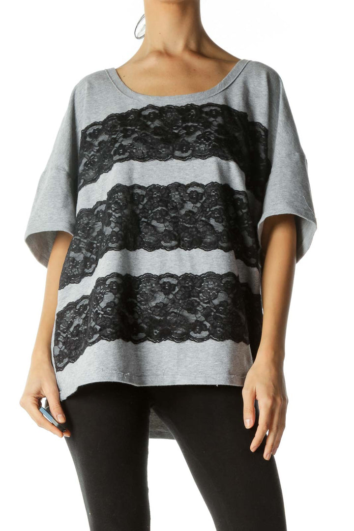 Gray Black Round Neck Lace Applique Stretch T-Shirt