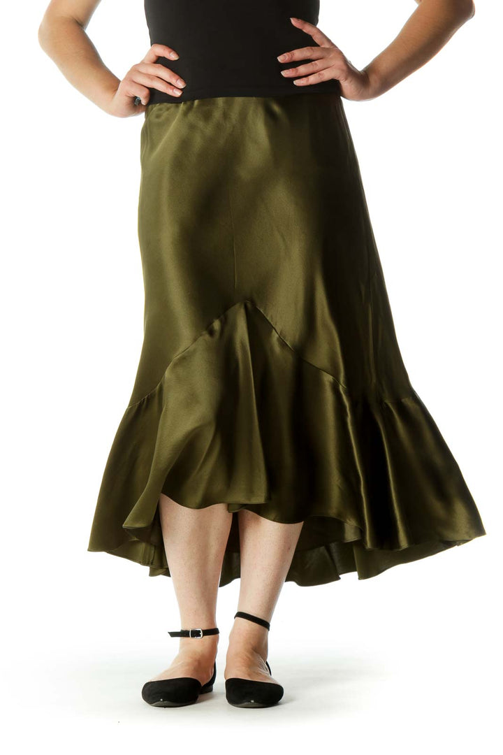 Olive Green 100% Silk Flared Midi Skirt