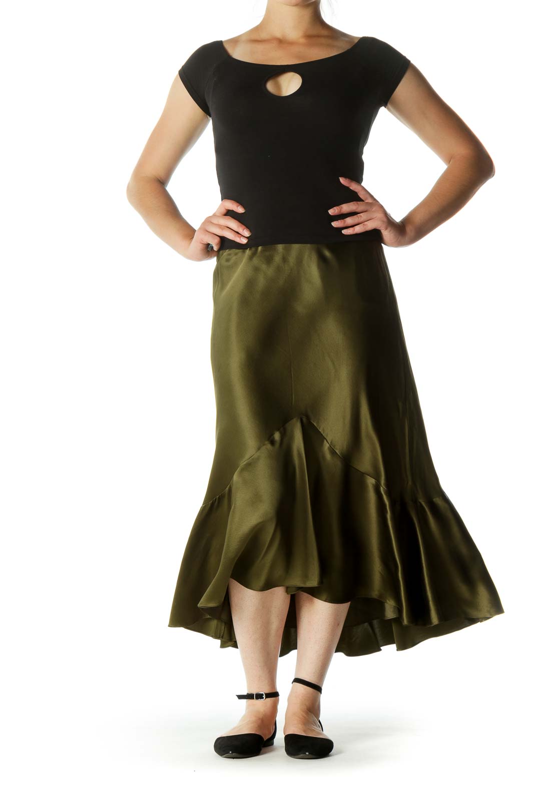 Olive Green 100% Silk Flared Midi Skirt