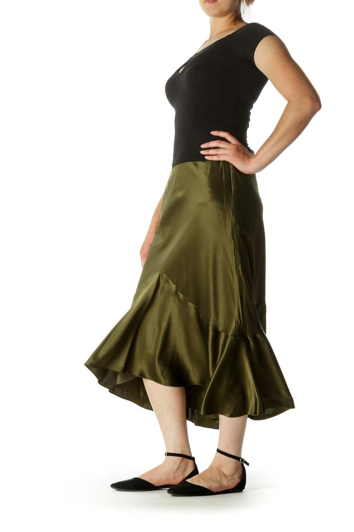 Olive Green 100% Silk Flared Midi Skirt