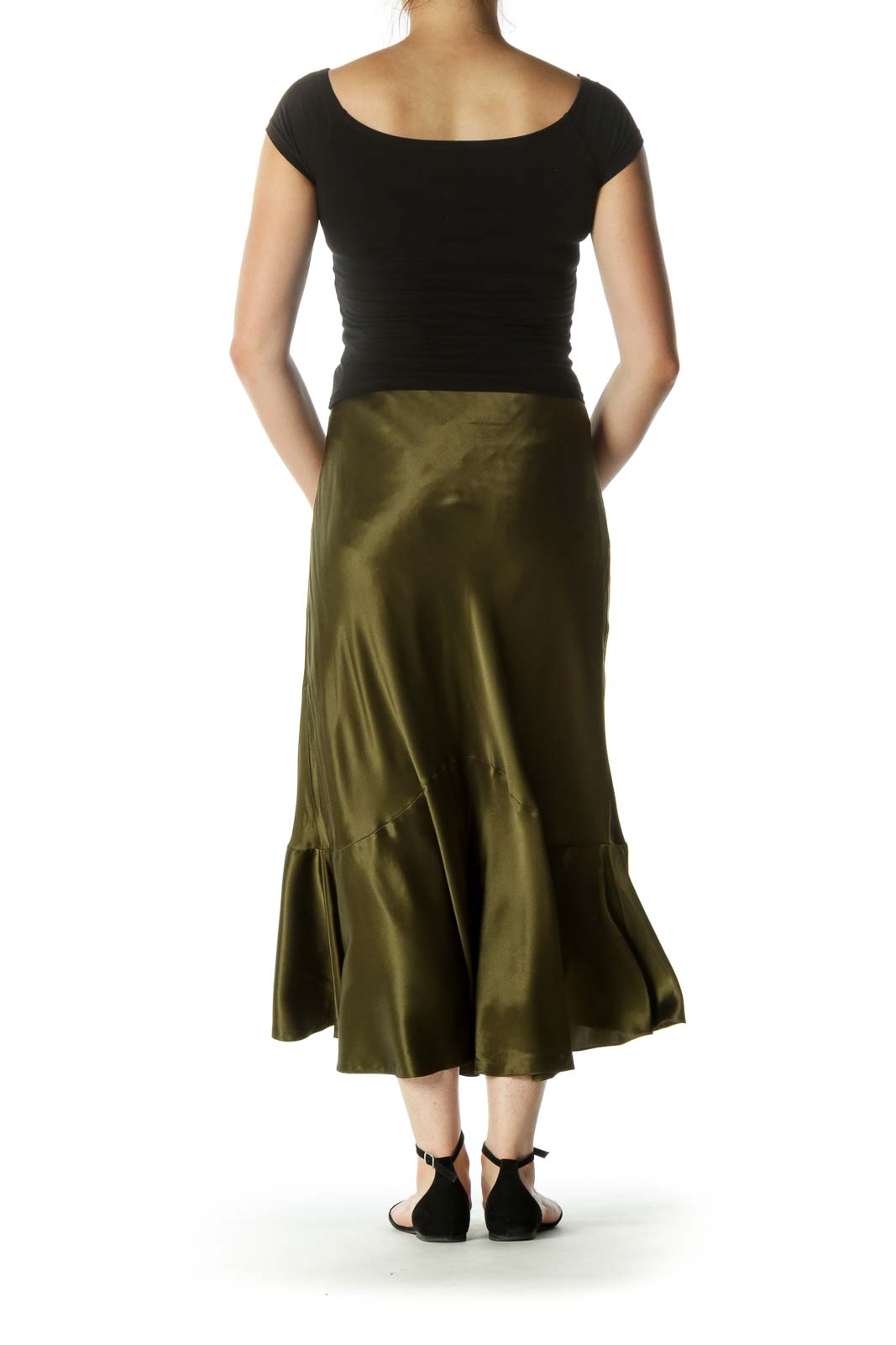 Olive Green 100% Silk Flared Midi Skirt