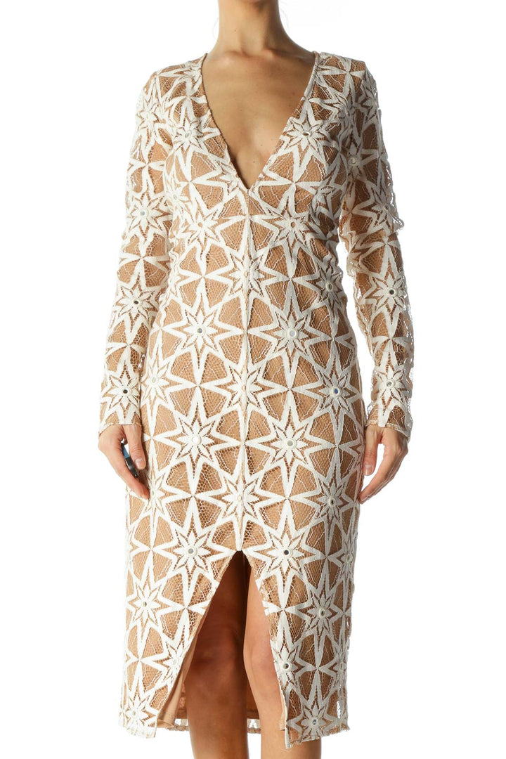 Cream Star & Sequin Crocheted Deep-V-Neck Fit Dress