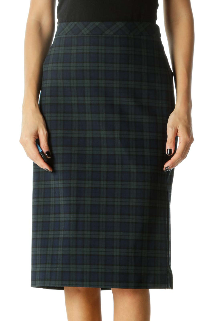 Green & Navy Zippered Slitted Pencil Skirt