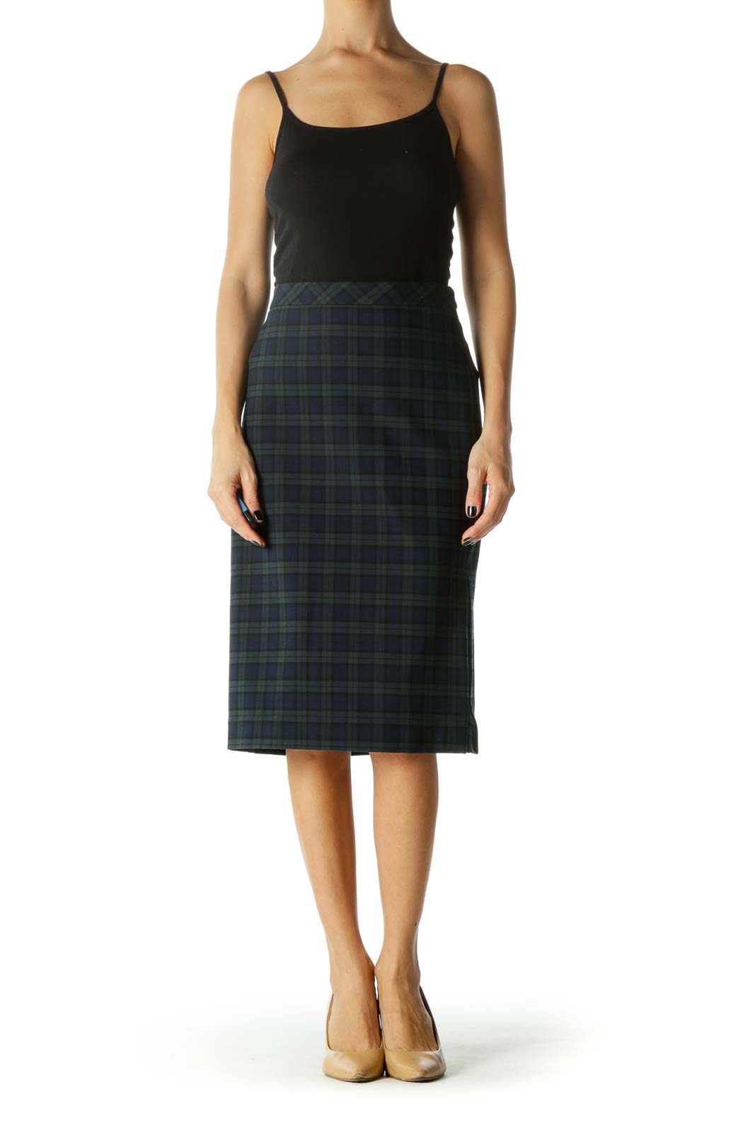 Green & Navy Zippered Slitted Pencil Skirt