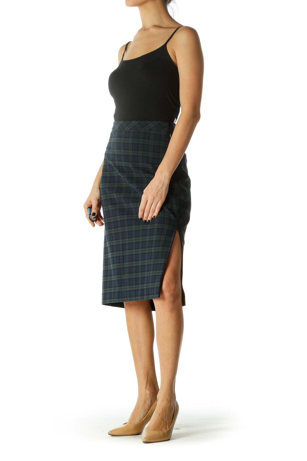 Green & Navy Zippered Slitted Pencil Skirt