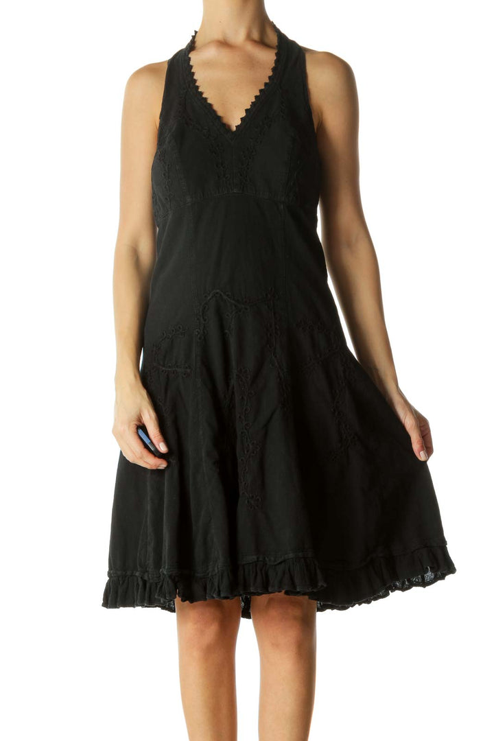 Black Embroidered Halter Dress