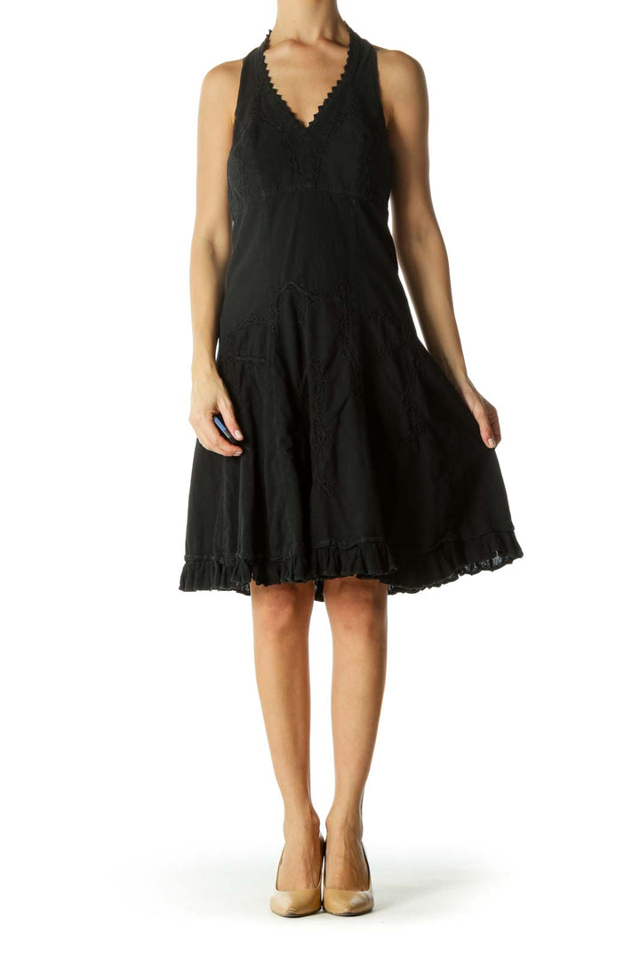 Black Embroidered Halter Dress