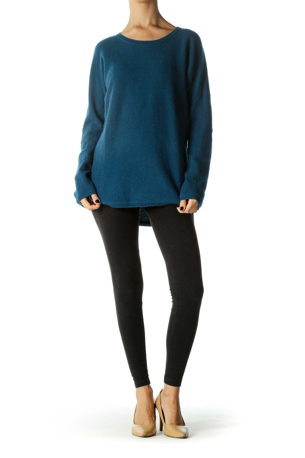 Blue 100% Cashmere Round Neck Long Sleeve Knit Top