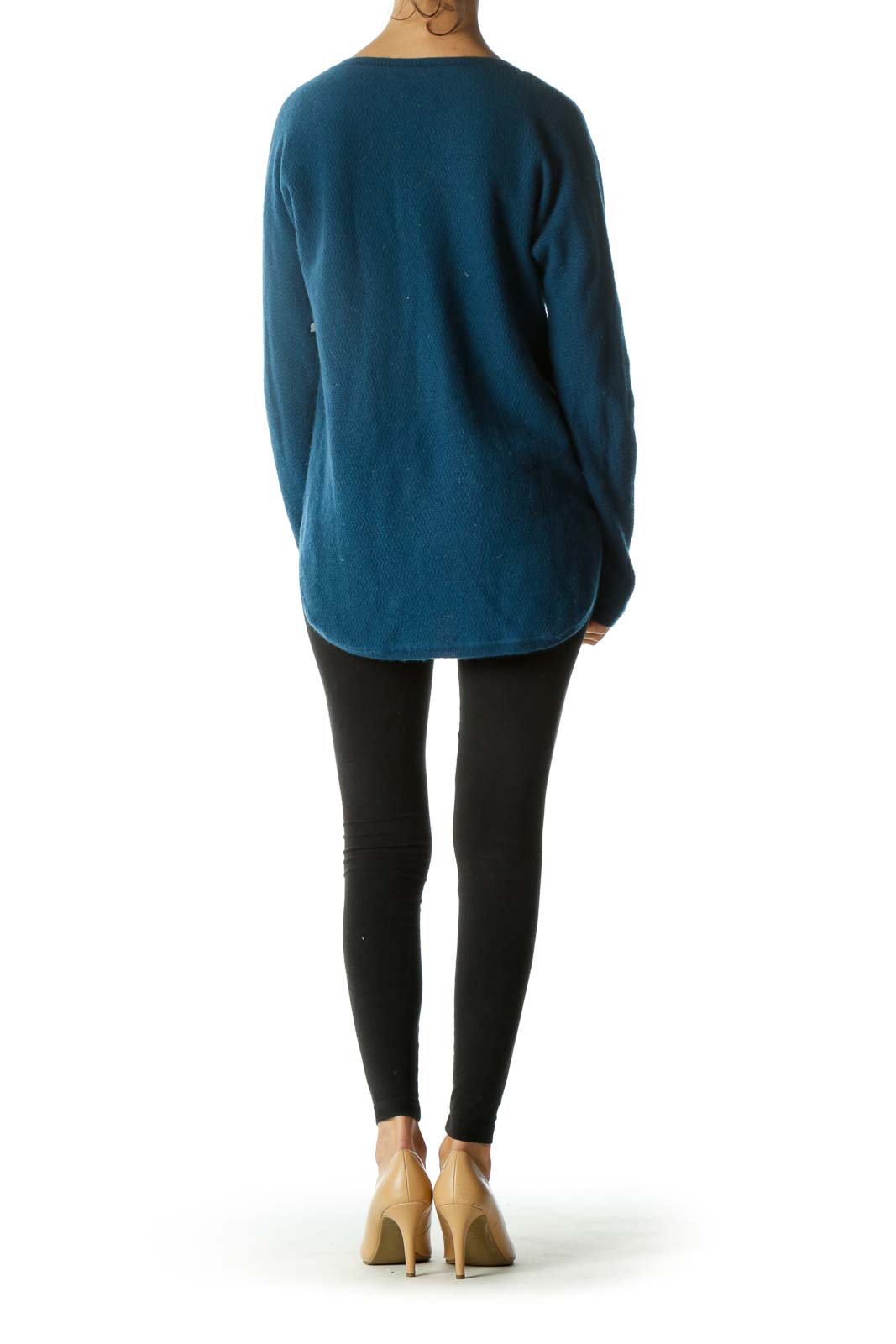 Blue 100% Cashmere Round Neck Long Sleeve Knit Top