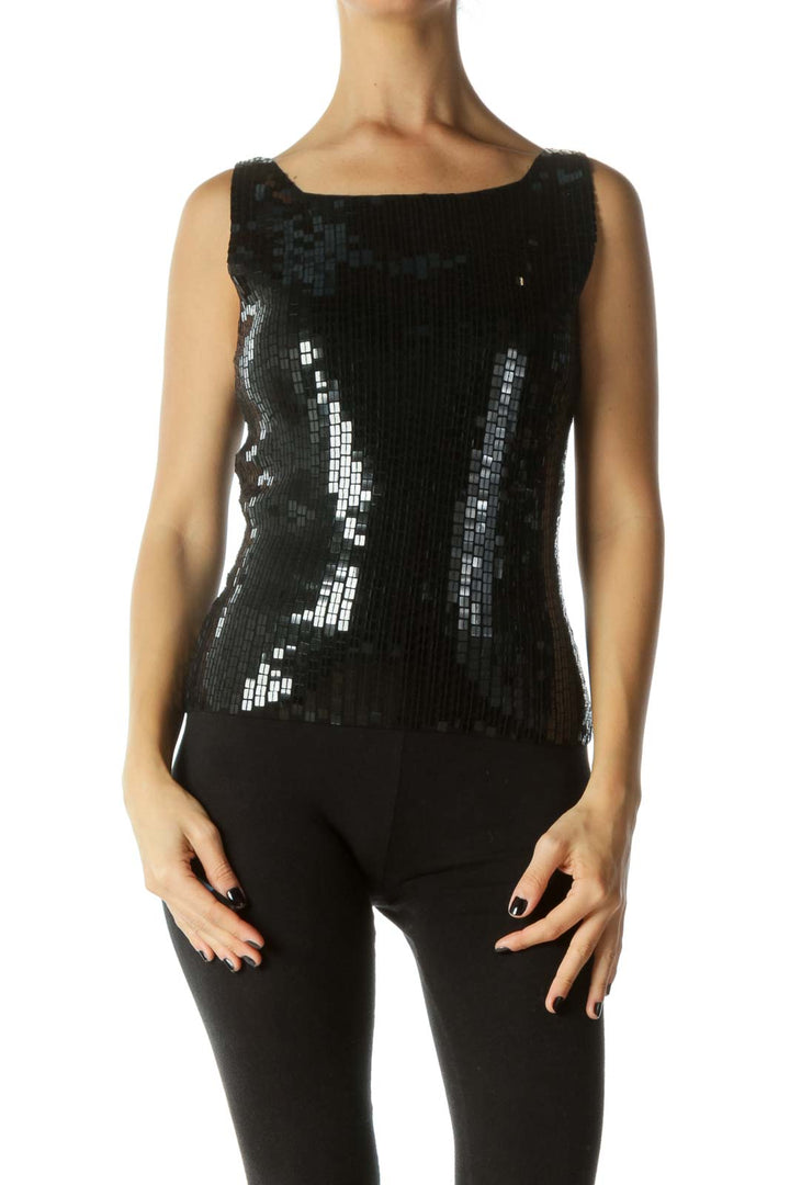 Black 100% Silk Boat Neck Sleeveless Sequined Blouse