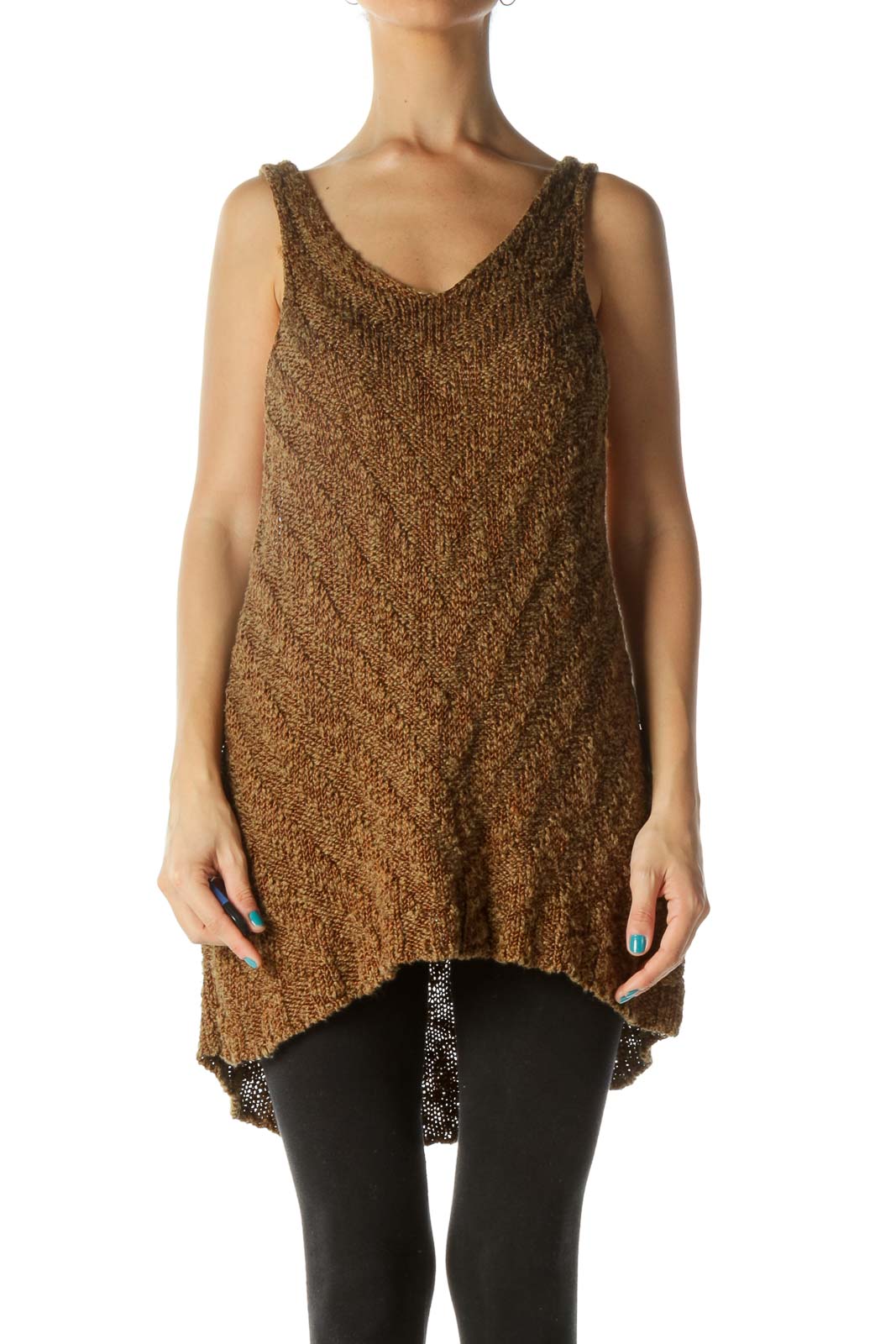 Front view of Free People brown textured knit sleeveless tunic with V-neck