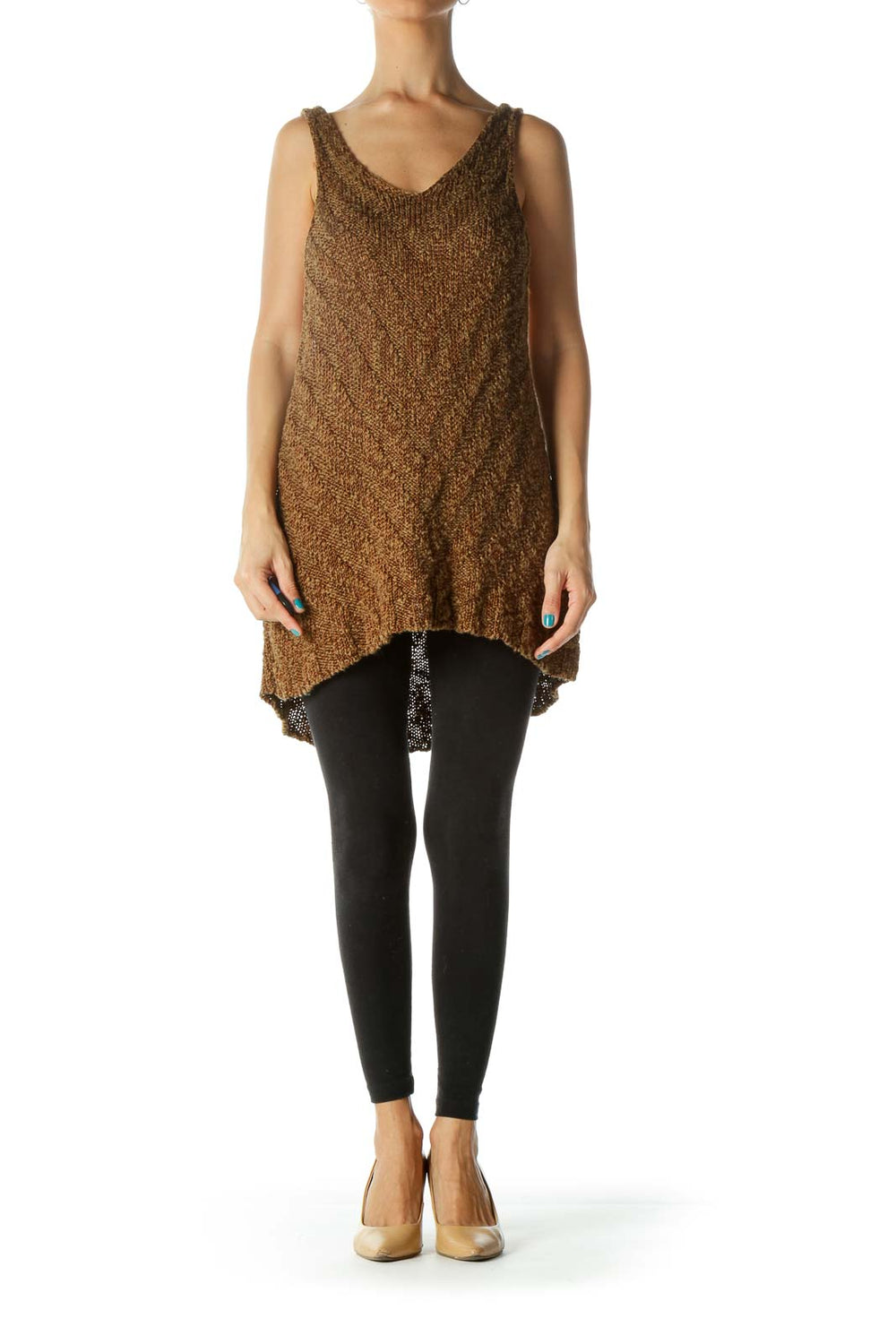 Front view of Free People brown textured knit sleeveless tunic with V-neck