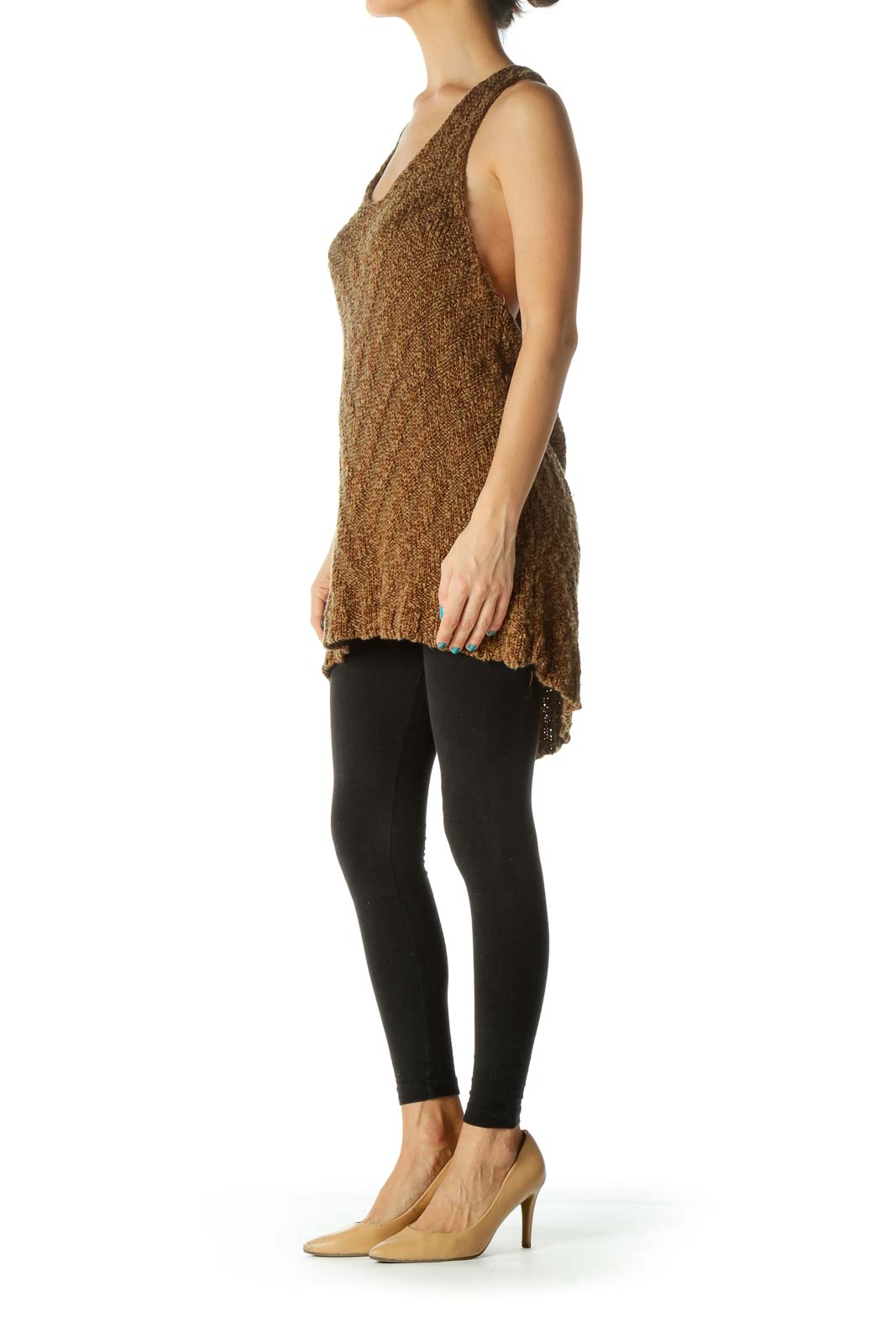 Front view of Free People brown textured knit sleeveless tunic with V-neck