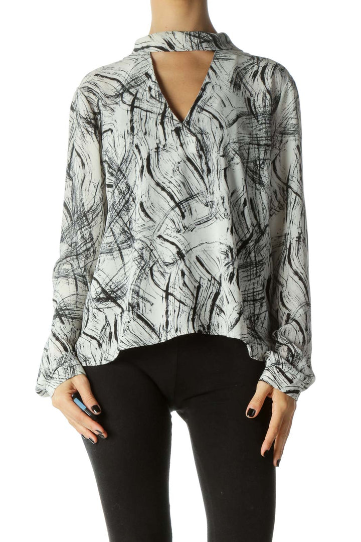 Black & White Zippered Keyhole Long Sleeve Blouse