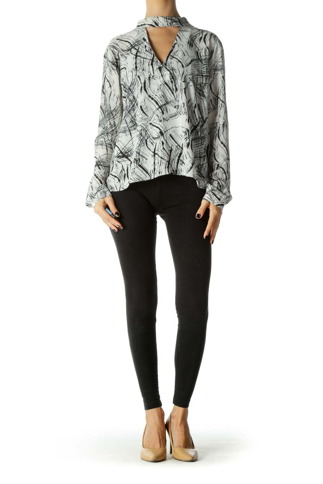 Black & White Zippered Keyhole Long Sleeve Blouse