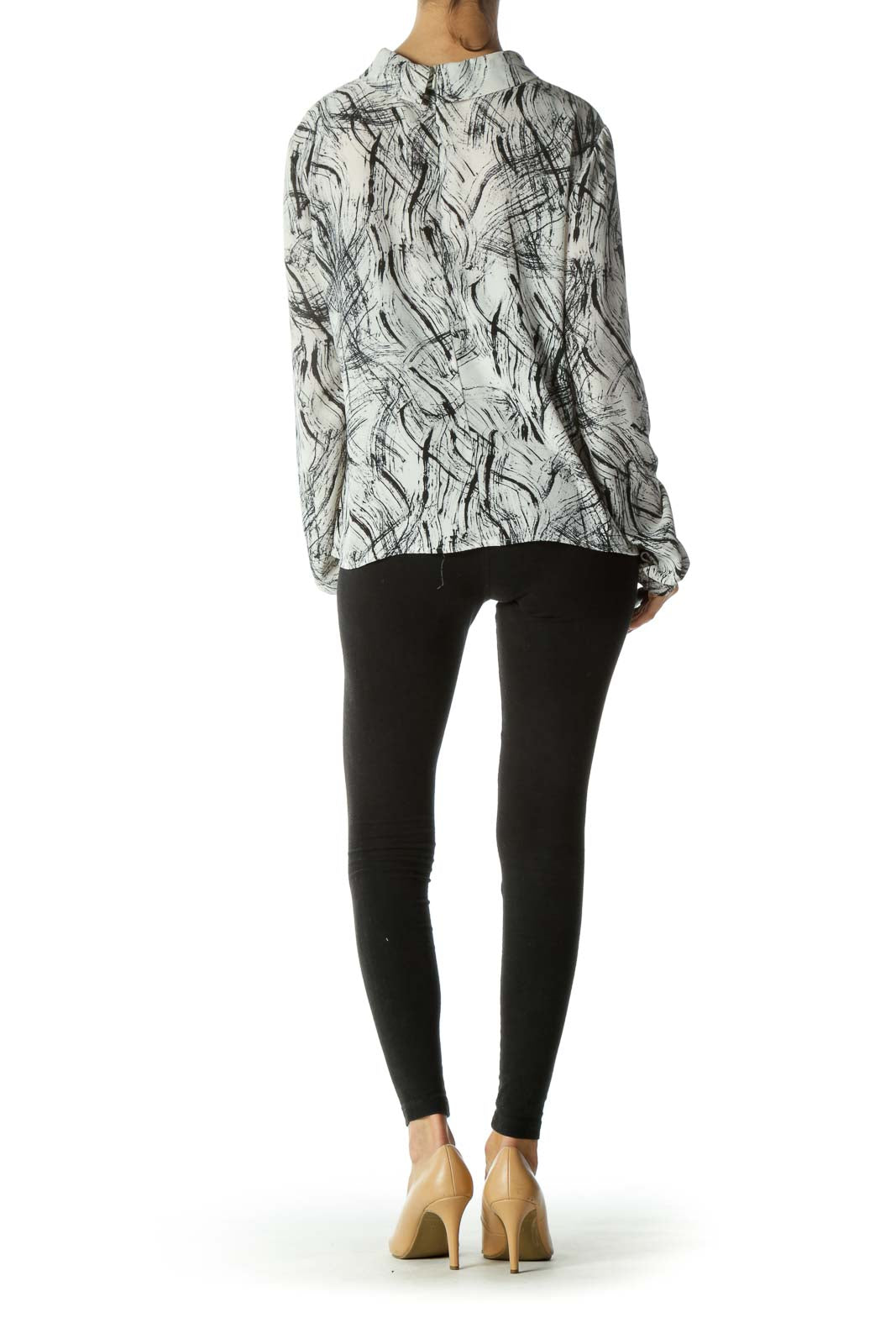 Black & White Zippered Keyhole Long Sleeve Blouse